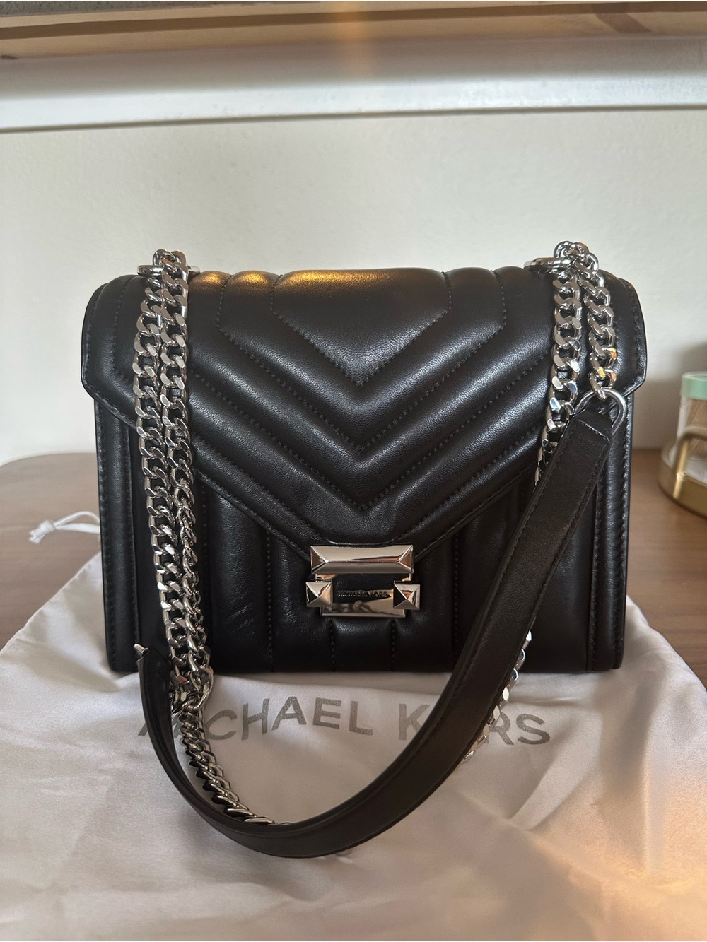 Michael Kors Whitney Black Quilted Leather Shoulder Bag with Silver Chain Strap
